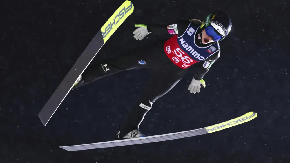 Slovenia's Nika Kriznar in action, during the big hill race at Lysgårdsbakkene jumping facility, in Lillehammer, Norway, Sunday, Dec. 5, 2021. (Geir Olsen/NTB scanpix via AP)