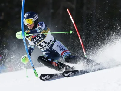 ﻿Alpine Skiing - FIS Alpine World Ski Championships - Cortina d'Ampezzo, Italy - February 20, 2021 Slovenia's Andreja Slokar in action during her first run in the Women's Slalom REUTERS/Denis Balibouse