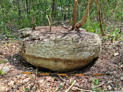 A view shows a part of a stone from an altar after archaeologists from Mexico's National Institute of Anthropology and History (INAH) discovered an ancient Mayan city inside the Balamku ecological reserve in Campeche state, Mexico in this photo released and distributed by Mexico's National Institute of Anthropology and History on June 20, 2023. Mexico's National Institute of Anthropology and History/Handout via REUTERS THIS IMAGE HAS BEEN SUPPLIED BY A THIRD PARTY. NO RESALES. NO ARCHIVES