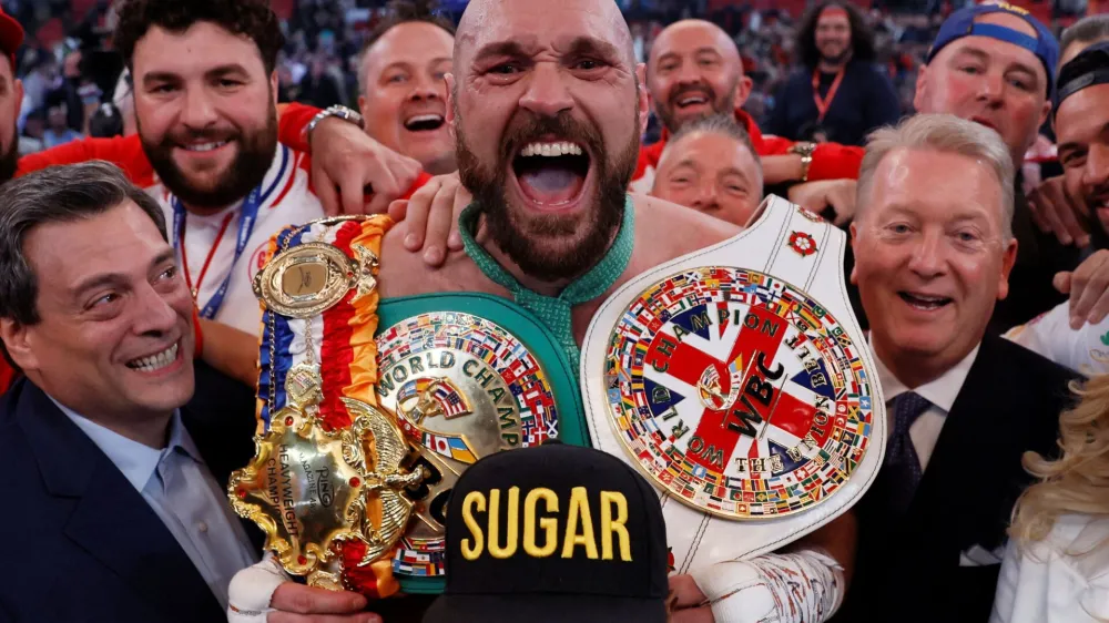 Boxing - Tyson Fury v Dillian Whyte - WBC World Heavyweight Title - Wembley Stadium, London, Britain - April 23, 2022 Tyson Fury celebrates after winning his fight against Dillian Whyte Action Images via Reuters/Andrew Couldridge   TPX IMAGES OF THE DAY