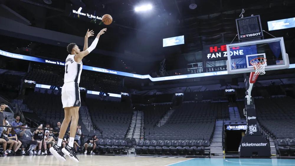 Jun 24, 2023; San Antonio, TX, USA; San Antonio Spurs draft pick Victor Wembanyama shoots around at a press conference at AT&T Center. Mandatory Credit: Troy Taormina-USA TODAY Sports