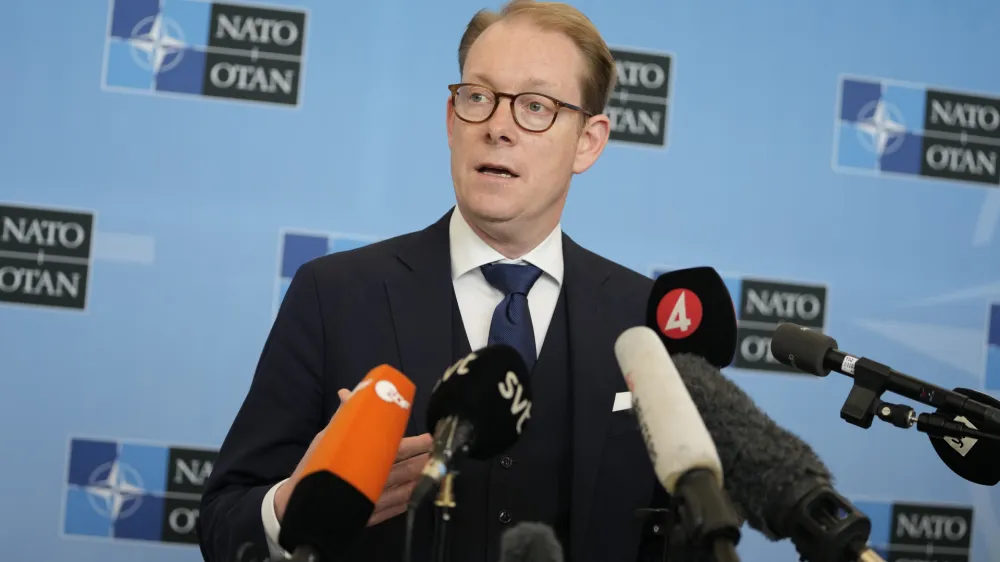 Sweden's Foreign Minister Tobias Billstrom speaks during a media conference at NATO headquarters in Brussels, Thursday, July 6, 2023. Senior officials from Sweden and Turkey arrived at NATO headquarters Thursday to examine Turkish President Recep Tayyip Erdogan's objections to the Nordic country joining the military alliance and to see what more, if anything, could be done to break the deadlock. (AP Photo/Virginia Mayo)