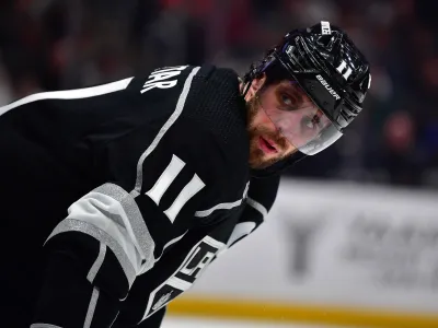 Apr 29, 2023; Los Angeles, California, USA; Los Angeles Kings center Anze Kopitar (11) reacts during the third period in game six of the first round of the 2023 Stanley Cup Playoffs at Crypto.com Arena. Mandatory Credit: Gary A. Vasquez-USA TODAY Sports