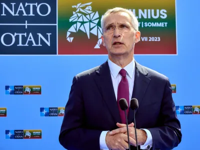 HANDOUT - 11 July 2023, Lithuania, Vilnius: NATO Secretary General Jens Stoltenberg speaks to the media ahead of the 2023 NATO Summit in Vilnius. Photo: -/NATO/dpa - ATTENTION: editorial use only and only if the credit mentioned above is referenced in full