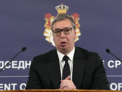 Serbian President Aleksandar Vucic addresses media after shooting in Ribnikar school in Belgrade, Serbia, Wednesday, May 3, 2023. Police say a 13-year-old who opened fire at his school drew sketches of classrooms and made a list of people he intended to target. He killed eight fellow students and a school guard before being arrested Wednesday. (AP Photo/Darko Vojinovic)