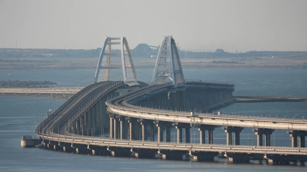 A view shows the Crimean bridge connecting the Russian mainland with the peninsula across the Kerch Strait, Crimea, July 17, 2023. REUTERS/Stringer