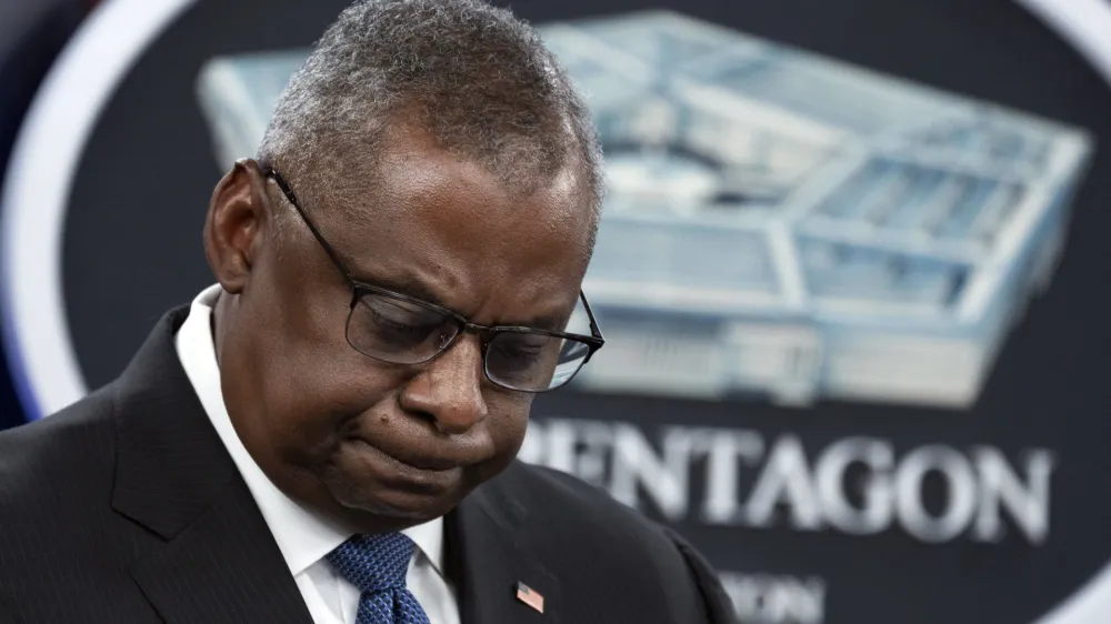 Secretary of Defense Lloyd Austin listens to questions during a news conference with Chairman of the Joint Chiefs of Staff Gen. Mark Milley at the Pentagon in Washington, Tuesday, July 18, 2023. (AP Photo/Manuel Balce Ceneta)