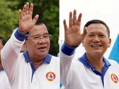 FILE PHOTO: This combination photo shows Cambodia's Prime Minister Hun Sen and his son Hun Manet during election campaign rallies in Phnom Penh, Cambodia, July 1, 2023 and July 21, 2023 respectively. REUTERS/Cindy Liu/File Photo/File Photo