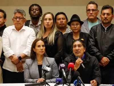 Presidential candidate Yaku Perez speaks during a press conference next to vice-president candidate Nory Pinela following the killing of Ecuadorean presidential candidate Fernando Villavicencio, a vocal critic of corruption and organized crime who was killed during a campaign event, in Quito, Ecuador, August 10, 2023. REUTERS/Karen Toro