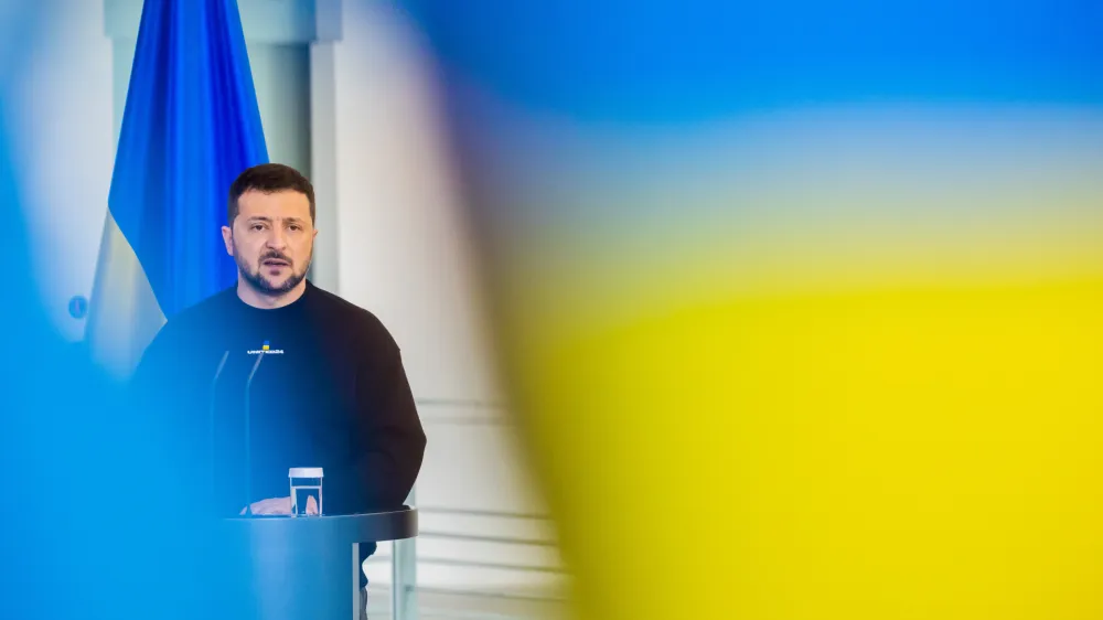 FILED - 14 May 2023, Berlin: Ukrainian President Volodymyr Zelensky speaks during a press conference. Photo: Christoph Soeder/dpa