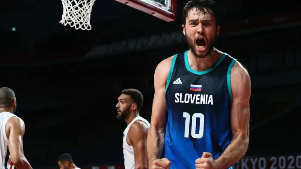 ﻿Tokyo 2020 Olympics - Basketball - Men - Semifinal - France v Slovenia - Saitama Super Arena, Saitama, Japan - August 5, 2021. Mike Tobey of Slovenia reacts REUTERS/Sergio Perez