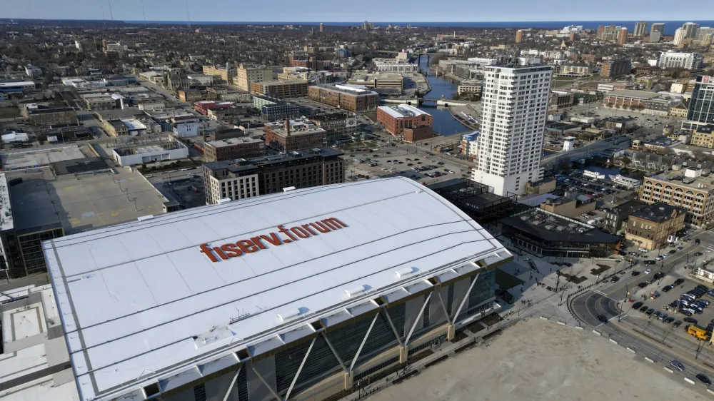 FILE - The Fiserv Forum is seen Friday, April 7, 2023, in Milwaukee. When Republican candidates for president gather for their first debate Wednesday in Milwaukee, the spotlight will not only be on them, but Wisconsin's role as one of a shrinking handful of genuine battleground states. (AP Photo/Morry Gash, File)