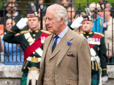 Britain's King Charles inspects Balaklava Company, 5th Battalion, The Royal Regiment of Scotland, at the gates of Balmoral, as he takes up summer residence at the castle in Balmoral Estate, Scotland, Britain, August 21, 2023. Jane Barlow/Pool via REUTERS