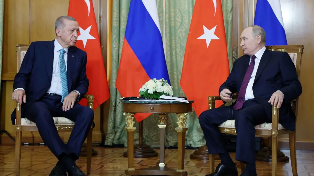 Russian President Vladimir Putin meets with Turkish President Tayyip Erdogan in Sochi, Russia, September 4, 2023. Murat Cetinmuhurdar/PPO/Handout via REUTERS THIS IMAGE HAS BEEN SUPPLIED BY A THIRD PARTY. NO RESALES. NO ARCHIVES