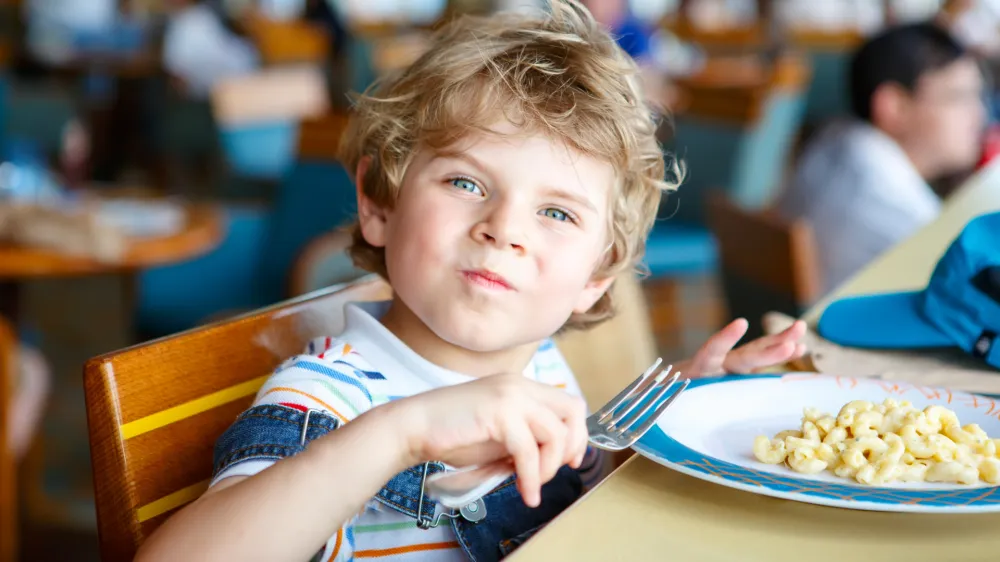 Cute healthy preschool kid boy eats pasta noodles sitting in school or nursery cafe. Happy child eating healthy organic and vegan food in restaurant. Childhood, health concept