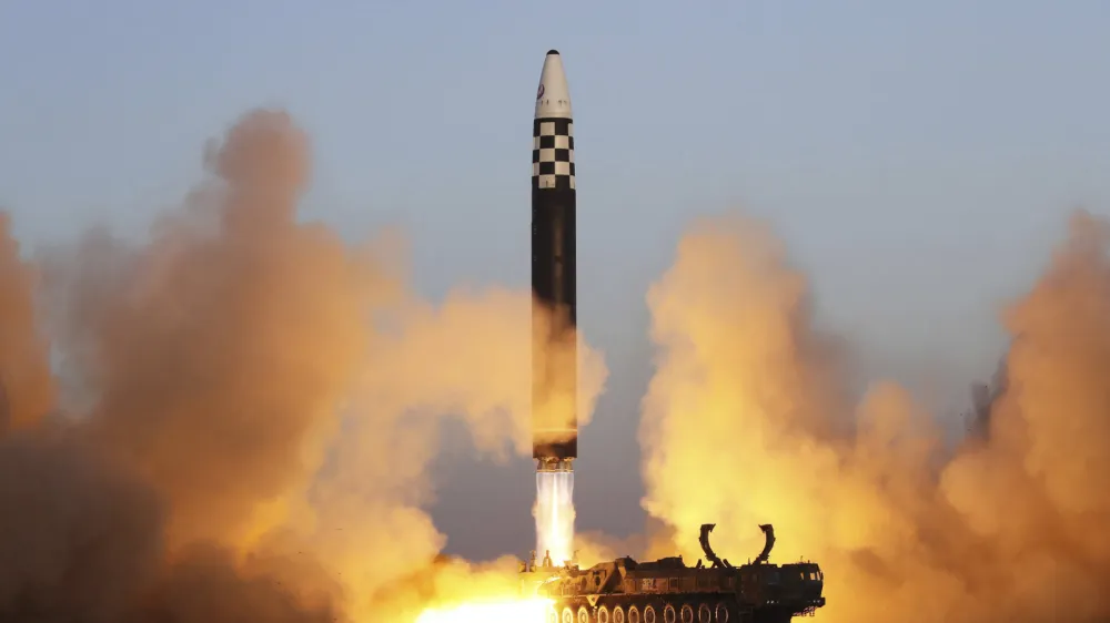 FILE - This photo provided by the North Korean government shows what it says is an intercontinental ballistic missile in a launching drill at the Sunan international airport in Pyongyang, North Korea on March 16, 2023. Independent journalists were not given access to cover the event depicted in this image distributed by the North Korean government. The content of this image is as provided and cannot be independently verified. Korean language watermark on image as provided by source reads: "KCNA" which is the abbreviation for Korean Central News Agency. (Korean Central News Agency/Korea News Service via AP, File)