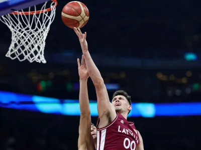 Basketball - FIBA World Cup 2023 - Classification Games 5-6 - Latvia v Lithuania - Mall of Asia Arena, Manila, Philippines - September 9, 2023 Latvia's Rodions Kurucs in action REUTERS/Eloisa Lopez