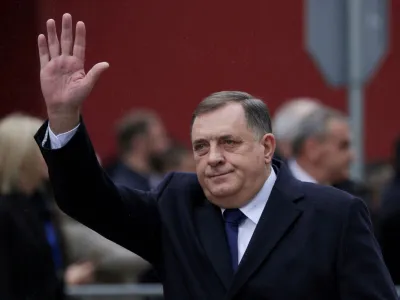 FILE PHOTO: President of Republika Srpska (Serb Republic) Milorad Dodik waves as he attends Serb Republic national holiday, banned by the constitutional court, in East Sarajevo, Bosnia and Herzegovina, January 9, 2023. REUTERS/Dado Ruvic/File Photo