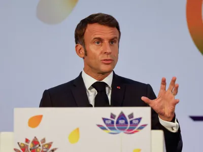 French President Emmanuel Macron attends a press conference, on the second day of the G20 summit in New Delhi, India, September 10, 2023. REUTERS/Amit Dave