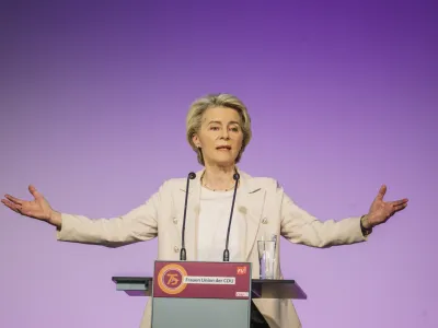 16 September 2023, Hesse, Hanau: Ursula von der Leyen, President of the European Commission, speaks at the 35th Federal Delegates' Conference of the Women's Union of the Christian Democratic Union of Germany (CDU) under the motto "From a women's perspective. Photo: Andreas Arnold/dpa