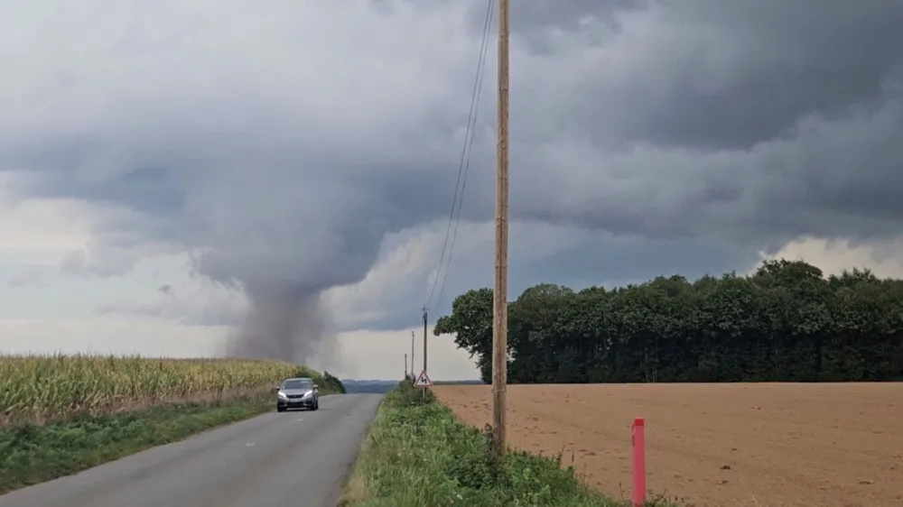 A view of a small tornado in Ernee, France, September 17, 2023 in this still image obtained from social media video. Jeremy Leroux/via REUTERS THIS IMAGE HAS BEEN SUPPLIED BY A THIRD PARTY. MANDATORY CREDIT. NO RESALES. NO ARCHIVES.