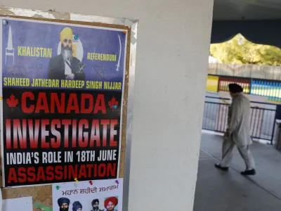 A sign asking for an investigation on India's role in the killing of Sikh leader Hardeep Singh Nijjar is seen at the Guru Nanak Sikh Gurdwara temple, in Surrey, British Columbia, Canada September 20, 2023. REUTERS/Chris Helgren