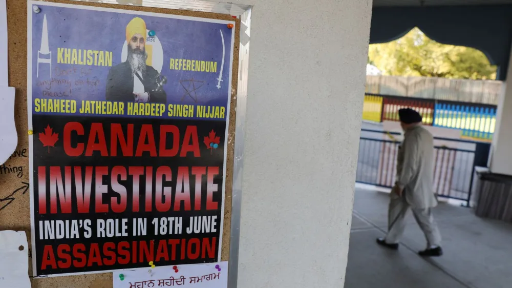 A sign asking for an investigation on India's role in the killing of Sikh leader Hardeep Singh Nijjar is seen at the Guru Nanak Sikh Gurdwara temple, in Surrey, British Columbia, Canada September 20, 2023. REUTERS/Chris Helgren