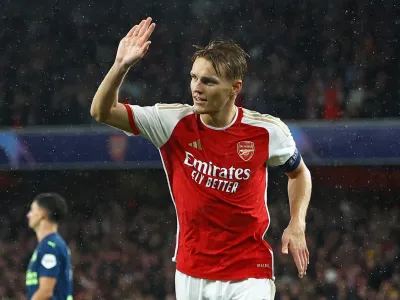 Soccer Football - Champions League - Group B - Arsenal v PSV Eindhoven - Emirates Stadium, London, Britain - September 20, 2023 Arsenal's Martin Odegaard celebrates scoring their fourth goal Action Images via Reuters/Paul Childs