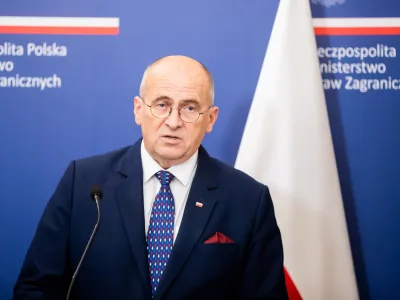 FILED - 04 October 2022, Poland, Warsaw: Foreign Minister of Poland Zbigniew Rau speaks with German Foreign Minister Annalena Baerbock (Not Pictured) at a joint press conference following bilateral talks at the Polish Foreign Ministry. Photo: Christoph Soeder/dpa