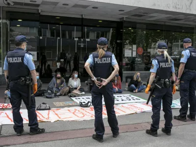 Štiri protestnike iz skupine, ki je maja 2020 protestirala pred ministrstvom za okolje, so policisti odnesli v marico in odpeljali. 