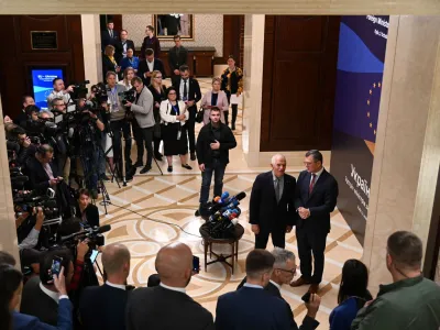 Ukrainian Foreign Minister Dmytro Kuleba and European Union Foreign Policy Chief Josep Borrell speak to the media before EU-Ukraine foreign ministers meeting, amid Russia's attack on Ukraine, in Kyiv, Ukraine October 2, 2023. Press service of the Ministry of Foreign Affairs of Ukraine/Handout via REUTERS ATTENTION EDITORS - THIS IMAGE HAS BEEN SUPPLIED BY A THIRD PARTY.