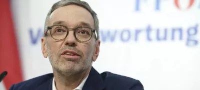 The leader of Austria's Freedom Party, Herbert Kickl, addresses a news conference, in Vienna, Austria, Tuesday, Jan 7, 2025. Herbert Kickl received a mandate Monday to try to form a new government. (AP Photo/Heinz-Peter Bader)