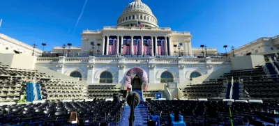 Empty chairs on the inaugural stand are seen on the day it was announced U.S. President-elect Donald Trump's inauguration is being moved indoors due to dangerously cold temperatures expected on Monday, in Washington, U.S., January 17, 2025. REUTERS/Kevin Lamarque