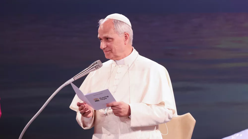 01 October 2025, Italy, Castel Gandolfo: Pope Leo XIV speaks during the international conference "Raising Hope for Climate Justice" at the Mariapolis Center in Castel Gandolfo. Photo: Marco Iacobucci/IPA via ZUMA Press/dpa / Foto: Marco Iacobucci