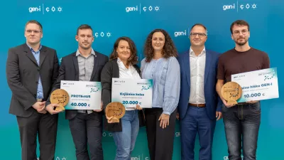 Od leve proti desni: Sandi Kavalič, član uprave GEN-I; dr. Jure Tičar, Jamarski klub Novo mesto; Barbara Simonič, Ljubljanska kolesarska mreža; Petra Kralj Ivančič, vodja projekta trajnostnega razpisa v GEN-I; Maks Helbl, predsednik uprave GEN-I; Timotej Lemut, Zavod BETA (Foto: GEN-I)