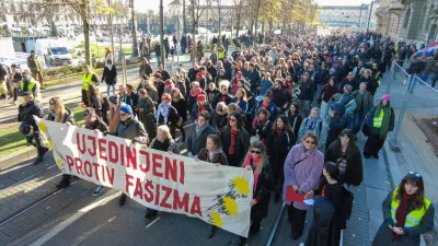 People protest against rising fascism in Croatia, carrying a banner "United against Fascism" in Zagreb, Croatia, November 30, 2025. REUTERS/Antonio Bronic
