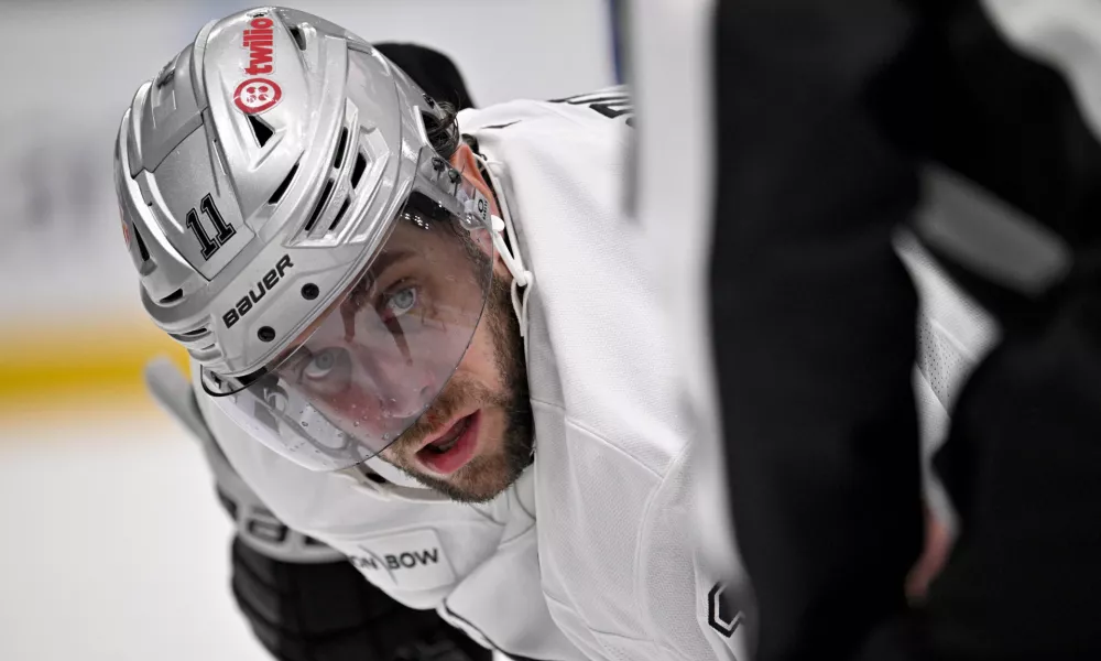 Dec 15, 2025; Dallas, Texas, USA; Los Angeles Kings center Anze Kopitar (11) waits for the face-off against the Dallas Stars during the third period at the American Airlines Center. Mandatory Credit: Jerome Miron-Imagn Images