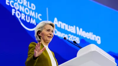 President of the European Commission Ursula von der Leyen talks during the Annual Meeting of the World Economic Forum in Davos, Switzerland, Tuesday, Jan. 20, 2026. (AP Photo/Markus Schreiber)