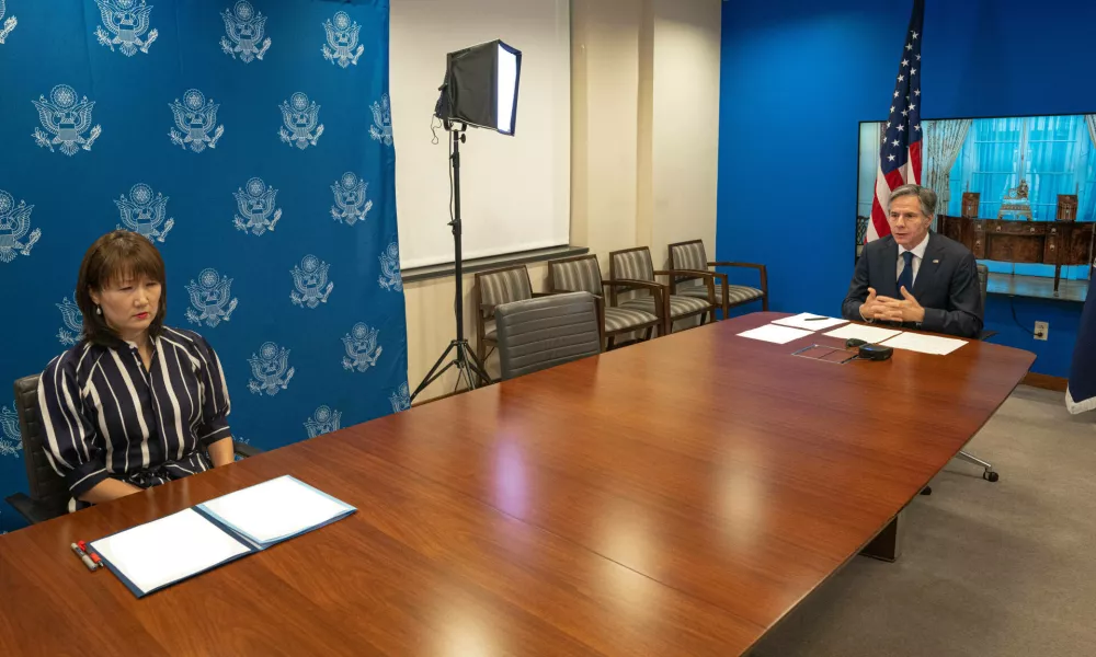 Secretary of State Antony J. Blinken delivers virtual remarks to the diplomatic corps, from the U.S. Department of State in Washington, D.C. on July 14, 2021. Secretary Blinken is joined by Acting Chief of Protocol Asel Roberts. Copyright: xpiemagsx deptofstpie23052022-30831 ACHTUNG AUFNAHMEDATUM GESCH?TZTNo Use Switzerland. No Use Germany. No Use Japan. No Use Austria