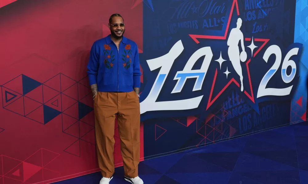 Carmelo Anthony arrives to the NBA All-Star basketball game Sunday, Feb. 15, 2026, in Inglewood, Calif. (AP Photo/Jae C. Hong)