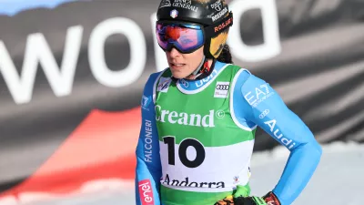 Italy's Federica Brignone reacts at the finish area during a women's World Cup super-G race, in Soldeu, Andorra, Saturday, Feb. 28, 2026. (AP Photo/Marco Trovati)