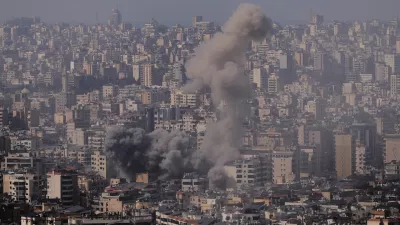 Smoke rises following an Israeli airstrike in Dahiyeh, Beirut's southern suburbs, Lebanon, Tuesday, March 3, 2026. (AP Photo/Hassan Ammar)