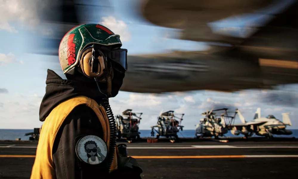 A sailor observes the landing of an E-2D Hawkeye on the aircraft carrier USS Gerald R. Ford while operating in support of the Operation Epic Fury attack on Iran in the eastern Mediterranean Sea, March 2, 2026. U.S. Navy/Handout via REUTERS THIS IMAGE HAS BEEN SUPPLIED BY A THIRD PARTY  TY