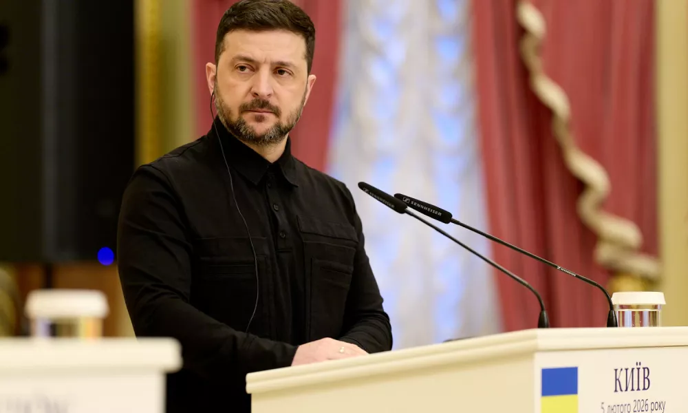 HANDOUT - 05 February 2026, Ukraine, Kiev: Ukrainian President Volodymyr Zelensky speaks during a press conference with Polish Prime Minister Donald Tusk after their meeting. Photo: -/Ukrainian Presidency/dpa - ATTENTION: editorial use only and only if the credit mentioned above is referenced in full