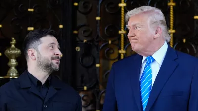 President Donald Trump greets Ukraine's President Volodymyr Zelenskyy at his Mar-a-Lago club, Sunday, Dec. 28, 2025, in Palm Beach, Fla. (AP Photo/Alex Brandon)