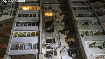 This photo provided by the Ukrainian Emergency Service shows a residential building after a Russian drone attack in Odesa, Ukraine, Saturday, March 28, 2026. (Ukrainian Emergency Service via AP)