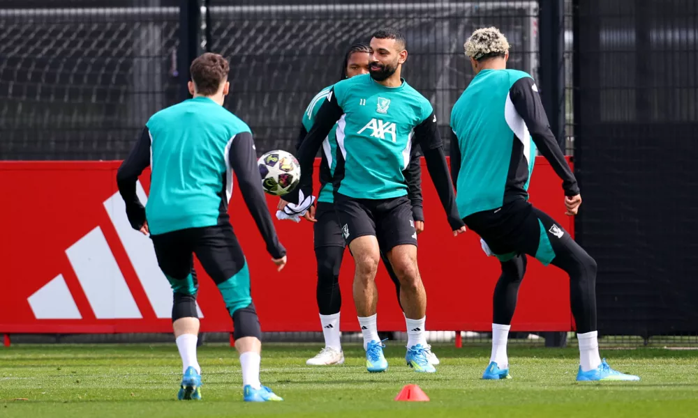 Soccer Football - UEFA Champions League - Liverpool Training - AXA Training Centre, Liverpool, Britain - April 13, 2026 Liverpool's Mohamed Salah with Hugo Ekitike, Florian Wirtz and Rio Ngumoha during training REUTERS/Ed Sykes