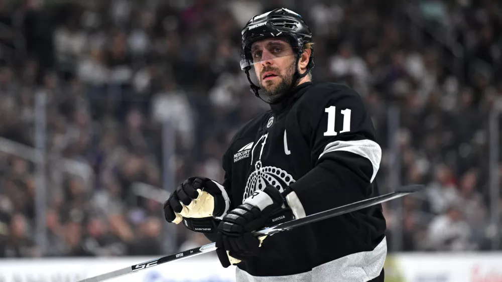 Apr 11, 2026; Los Angeles, California, USA; Los Angeles Kings center Anze Kopitar (11) is seen on the ice during the third period against the Edmonton Oilers at Crypto.com Arena. Mandatory Credit: Griffin Hooper-Imagn Images