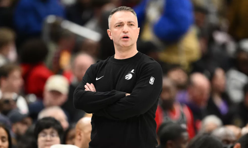 Toronto Raptors head coach Darko Rajakovic in action during the first half of an NBA basketball game against the Washington Wizards, Saturday, Feb. 28, 2026, in Washington. (AP Photo/Nick Wass)
