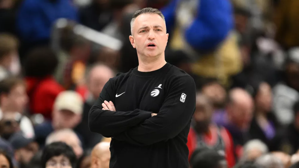 Toronto Raptors head coach Darko Rajakovic in action during the first half of an NBA basketball game against the Washington Wizards, Saturday, Feb. 28, 2026, in Washington. (AP Photo/Nick Wass)